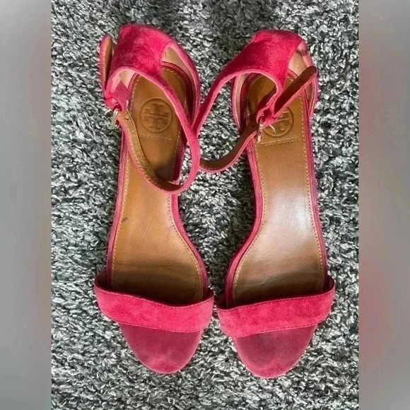 Tory Burch Savannah Wedge Red Suede Sandal Size 8M - Picture 1 of 7